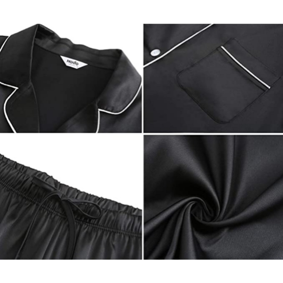 NWT HOdo Women's XL Navy & White Contrast Silky Satin Button Pajamas Set - Picture 5 of 7